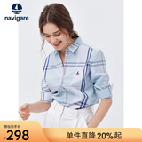 Navigare意大利小帆船女士长袖衬衫春秋季休闲格子衬衣莱赛尔高档寸衫 蔚蓝/白 M