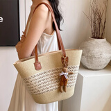 小野七天度假风菜篮子编织包托特包女海边仿草编包时尚百搭通勤单肩水桶包 【米白色加白色网花】无挂件