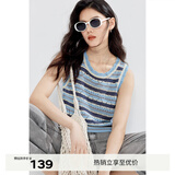 伊芙丽圆领彩色条纹间色镂空针织背心女春秋装新款内搭休闲毛衫 蓝色 M 160/85CM