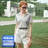 Olrain欧芮儿美式复古短袖T恤女夏季女装撞色polo领上衣衣服polo衫 花灰色 M
