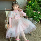 安妮优儿女童爱莎公主裙秋装毛衣裙子儿童礼服秋冬冰雪奇缘女孩艾莎连衣裙 粉色加绒 110