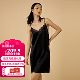 金三塔商场同款真丝睡衣女100%桑蚕蕾丝花边v领真丝吊带裙睡裙七夕礼物 黑色7100 L