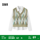 森马（Semir）长袖衬衫女冬季菱形格V领短背心易打理衬衣俏皮学院风两件套 白咖色调00315 M