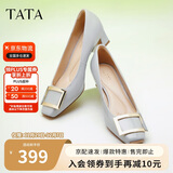 他她女鞋粗跟单鞋真皮方头休闲鞋高跟浅口鞋子7YO01AQ4 兰灰 35