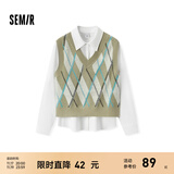 森马（Semir）长袖衬衫女冬季菱形格V领短背心易打理衬衣俏皮学院风两件套 白咖色调00315 S
