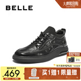 百丽（Belle）高帮休闲皮鞋男25冬新牛皮厚底商务运动板鞋加绒A2191DM5 黑色-绒里 40 (250mm)