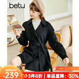 百图（betu）女装秋季新款毛呢外套翻领大衣双排钮双面呢大衣女2209T06 黑色 XS