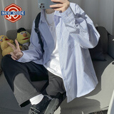 NEW OR MODE长袖衬衫男士宽松竖条纹休闲上衣外套潮牌cityboy港风日系衬衣男 浅蓝色 L (建议115-135斤)
