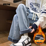 OEMG美式复古水洗牛仔裤男女秋冬季加绒加厚潮牌直筒宽松阔腿潮流长裤 浅蓝加绒 XL [建议125-140斤]