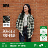 森马（Semir）长袖衬衫女中长款慵懒宽松落肩休闲秋季chic复古格纹衬衣潮流 绿黑色调00449 S