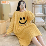 欧鹿汐大码珊瑚绒睡裙女秋加绒加厚睡衣女士冬天法兰绒保暖加肥码连衣裙 YQM1229黄色笑脸 M 码 (建议100-130斤)