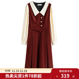 独束大码女装假两件撞色衬衫领连衣裙女秋冬微胖mm文艺复古穿搭裙子 勃艮第红【适合160左右】 2XL