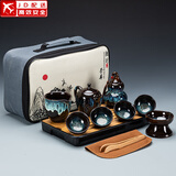 建盏功夫茶具套装家用窑变天目釉茶杯茶壶茶盘陶瓷钧窑沙金泡茶器 大套(沙金釉美人壶)旅行套装-长方条纹黑
