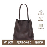 裘真008水桶包女斜挎通勤大容量真皮复古小众植鞣牛皮包包 咖啡色-大号