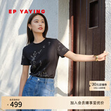 EP雅莹女装 细绒棉白色雅韵印花短袖t恤衫上衣 商场同款5317A 黑色 M