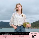三彩2025夏季新款雪纺印花小衫系带七分袖宽松衬衫吊带两件套M 米白色花卉 L 165/88A
