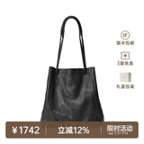 裘真008水桶包女斜挎通勤大容量真皮复古小众植鞣牛皮包包 黑色-大号