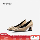 NINE WEST/玖熙牛漆皮革女单鞋优雅方头浅口粗跟通勤鞋NH434045FK杏色 36