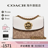 COACH蔻驰女包奢侈品大牌女士轻奢包包单肩斜挎小方包山茶花情人节礼物 卡其配白34256B4HA