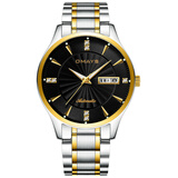 欧美时手表男士石英表瑞士认证双日历气质镶钻防水女士情侣名表 间金黑面钢带【绅士男表】