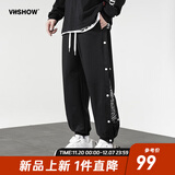 viishow新款休闲潮牌长裤腰果花拼接潮流侧边排扣印花嘻哈校园休闲束脚裤 黑色 M