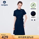 Navigare意大利小帆船短袖连衣裙女士夏季棉质斜领裙子时尚显瘦半袖a字裙 海军蓝 XL 码