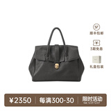 裘真手提公文包女士复古大容量通勤头层植鞣牛皮包包植鞣牛皮 黑色-大号