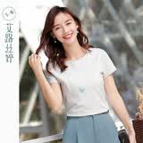 艾路丝婷条纹短袖T恤女2019夏装新款刺绣圆领体恤韩版棉上衣Y2463 条纹 M