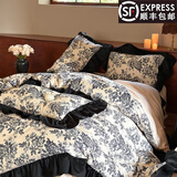 水星系列家纺新款简约风磨毛100S高支长绒棉四件套植物数码印花全棉床罩床笠用 洛丽塔-蓝 床裙款 1.8M 床单款 （被套200*230cm）