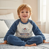 小猪大卫 PECODAVID珊瑚绒套装秋冬儿童室内居家服男女可爱分体套装毛毛款 蓝色hello小狗 90 版型宽松，按正常尺码拍