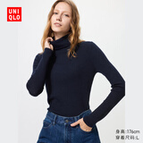 优衣库女装精纺美利奴羊毛罗纹两翻领针织衫/长袖毛衣478337 69 藏青色 3XL