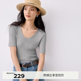 伊芙丽（eifini）蒋欣代言U领亮丝针织衫女夏短袖修身显瘦内搭上衣2025新款 岩石灰 M