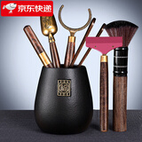 祥业功夫茶具配件茶道六君子套装茶刀茶针茶则茶勺刷喝茶泡茶工具大号 粗陶福锦茶道筒（雅黑）+佛手五件套+茶刮