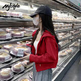 MJ STYLE插肩袖红色过年衣服女2026新款春秋宽松短款小个子连帽外套开衫