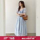 谜秀法式植物刺绣连衣裙2025夏季新款莱赛尔裙子气质系带短袖长裙女 蓝色 M