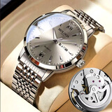 摩尔多（Moldoa）新款高级镂空全自动机械风手表男士商务防水夜光时尚潮流石英手表 钢带灰底蝴蝶扣【夜光+大表盘42 42mm