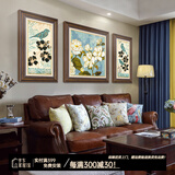 客厅装饰画沙发背景墙画田园美式乡村新中式壁画玄关走廊挂画过道入户大气三联花卉有框画 美式经典木框（复式装裱+高透有机玻璃） 适合三人座沙发|两侧40X80-中间80X80cm