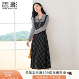 香影复古格子假两件连衣裙女2025秋季新款收腰拼接学院风中长裙子 深灰 M 160/84A/95-110斤