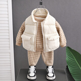 圆圆米米婴儿套装春装男春秋装两件套1岁男女宝宝2衣服3秋冬季洋气4加厚装 格子冬装加厚三件套卡其色 90 码适合80-85cm约1-2岁