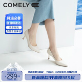 康莉（COMELY）单鞋女春季细跟尖头高跟羊皮软舒适底简约职业工作鞋 米白色 38 