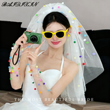 栢启歆新娘结婚头纱造型头饰发饰婚纱领证求婚配饰影楼拍照旅拍写真 多巴胺球球头纱约80CM