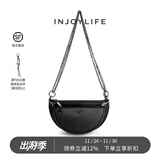 INJOYLIFE复古马鞍包通勤休闲流浪包双链条包斜挎包包半圆子母包 黑色
