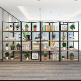 喆威 铁艺办公屏风隔断墙展示架置物架简约工业风陈列架书架花架定制 八扇四层360*36*180cm浅胡桃黑架