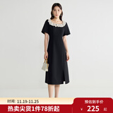 独束大码女装优雅蕾丝花边领小黑裙夏装赫本风高腰A字中长款裙子 赫本黑-长款 3XL (尺码：5)