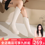 达芙妮厚底V口长筒靴女2025秋冬爆款女靴高筒靴显瘦百搭增高骑士靴子女 米白色 36