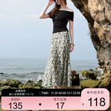 三彩2025夏季新款碎花半身裙斜裁A字裙松紧腰鱼尾裙浪漫长裙M