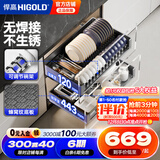 悍高（HIGOLD） 厨房橱柜拉篮碗架抽屉式碗篮加厚304不锈钢底板调味篮双层碗碟篮 500柜体2层-L3.0系列蜂窝纹套装