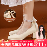 达芙妮高跟鞋女单鞋2025春季法式玛丽珍鞋蝴蝶结淑女小皮鞋粗跟女鞋婚鞋 珍珠米白【蝴蝶结】跟高 5.5cm 37