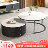 左客左家（ZUOKEZUOJIA）意式简约中古风茶几客厅家用茶桌小户型实木圆形岩板茶几边几组合 升级款|实木黑柜|60纯白+80纯白