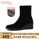 金利来（Goldlion）女靴秋冬舒适圆头耐穿短筒坡跟休闲短靴女G613240121黑色加绒38